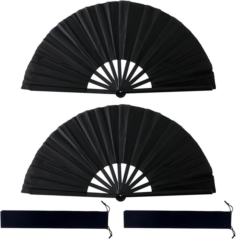 Black Tai Chi Folding Dance Fans 25 2 Inch 2 Pack Plastic Rib With Pouch - Image 1